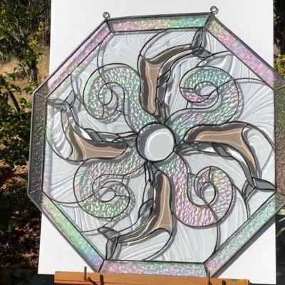 Beautiful Iridescent Dolphins Octagon Stained Glass Window 