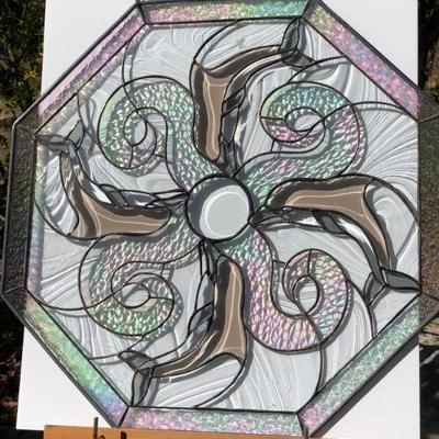Beautiful Iridescent Dolphins Octagon Stained Glass Window 