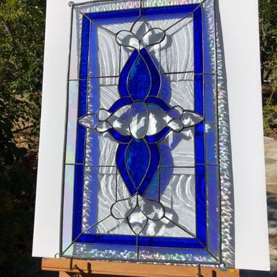 Gorgeous Blue and Iridescent Rectangular Stained Glass Window