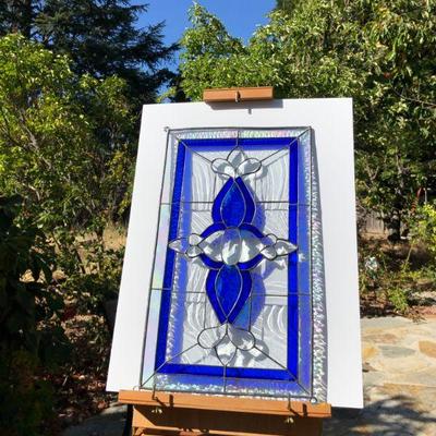 Gorgeous Blue and Iridescent Rectangular Stained Glass Window