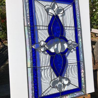 Gorgeous Blue and Iridescent Rectangular Stained Glass Window
