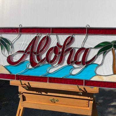 Hawaiian Aloha Palm Trees and Waves Stained Glass Window