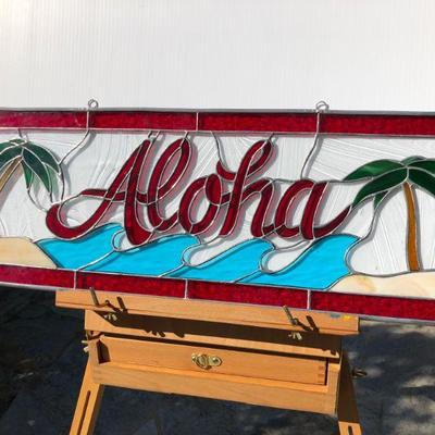 Hawaiian Aloha Palm Trees and Waves Stained Glass Window