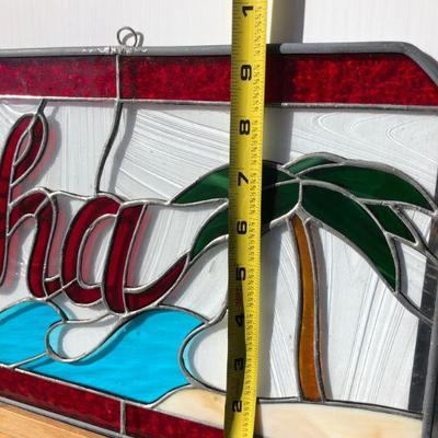Hawaiian Aloha Palm Trees and Waves Stained Glass Window
