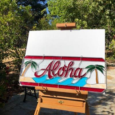 Hawaiian Aloha Palm Trees and Waves Stained Glass Window