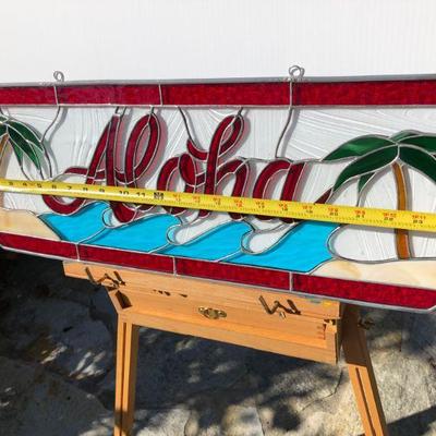 Hawaiian Aloha Palm Trees and Waves Stained Glass Window
