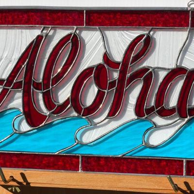 Hawaiian Aloha Palm Trees and Waves Stained Glass Window