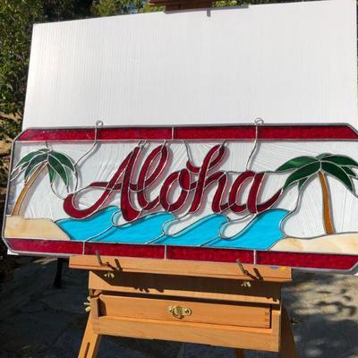 Hawaiian Aloha Palm Trees and Waves Stained Glass Window
