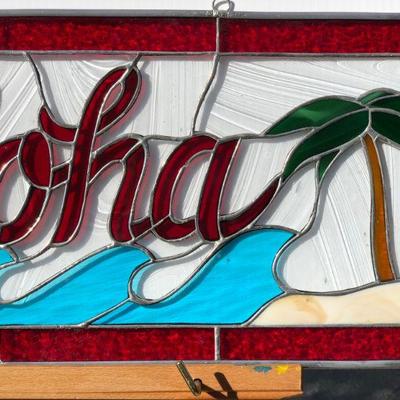 Hawaiian Aloha Palm Trees and Waves Stained Glass Window