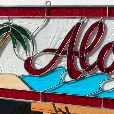 Hawaiian Aloha Palm Trees and Waves Stained Glass Window