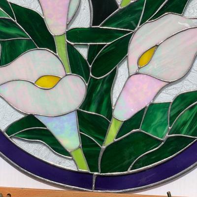 Beautiful Calla Lilies Circular Stained Glass Window with Blue Rim