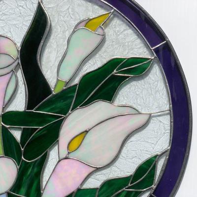 Beautiful Calla Lilies Circular Stained Glass Window with Blue Rim