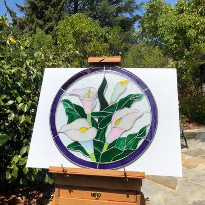 Beautiful Calla Lilies Circular Stained Glass Window with Blue Rim