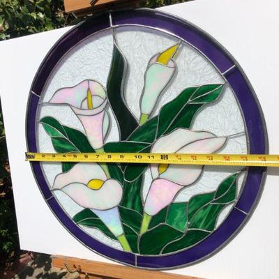 Beautiful Calla Lilies Circular Stained Glass Window with Blue Rim