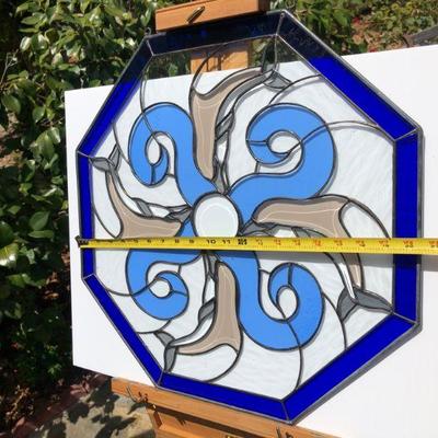 Blue Octagon Stained Glass of Dolphins Swimming in Waves