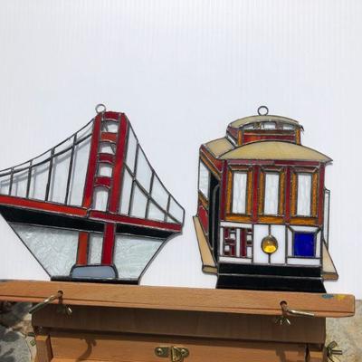 Pair San Francisco Golden Gate Bridge and Trolley Car Stained Glass Windows
