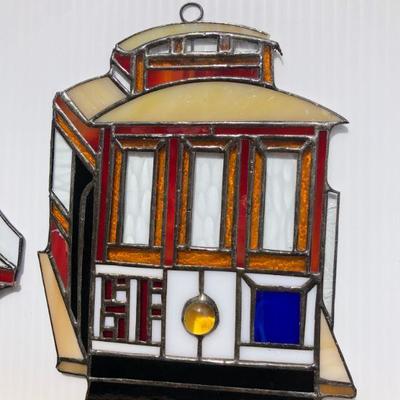 Pair San Francisco Golden Gate Bridge and Trolley Car Stained Glass Windows