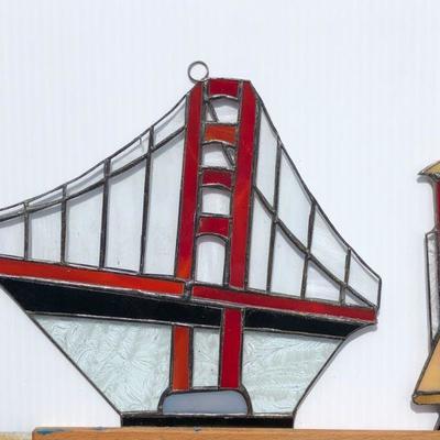 Pair San Francisco Golden Gate Bridge and Trolley Car Stained Glass Windows