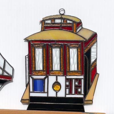 Pair San Francisco Golden Gate Bridge and Trolley Car Stained Glass Windows