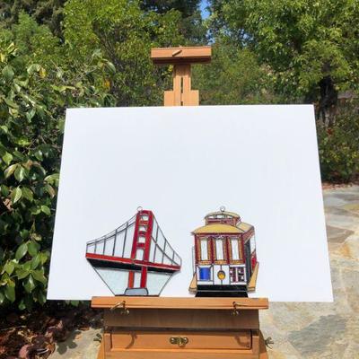 Pair San Francisco Golden Gate Bridge and Trolley Car Stained Glass Windows