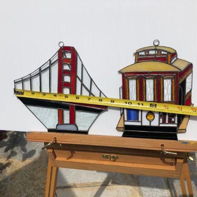 Pair San Francisco Golden Gate Bridge and Trolley Car Stained Glass Windows