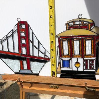 Pair San Francisco Golden Gate Bridge and Trolley Car Stained Glass Windows