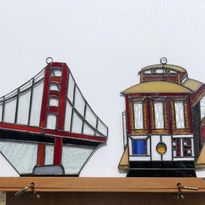 Pair San Francisco Golden Gate Bridge and Trolley Car Stained Glass Windows
