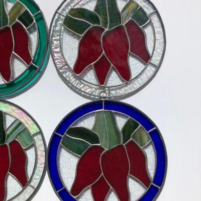 Lot of 4 Red Pepper Flower Stained Glass Windows