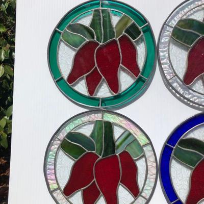 Lot of 4 Red Pepper Flower Stained Glass Windows