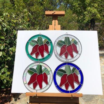 Lot of 4 Red Pepper Flower Stained Glass Windows