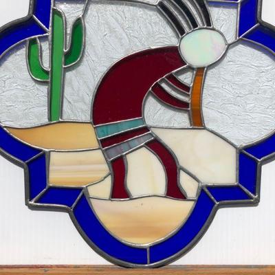 Southwest Style Kokopelli Desert Stained Glass Window with Blue Rim