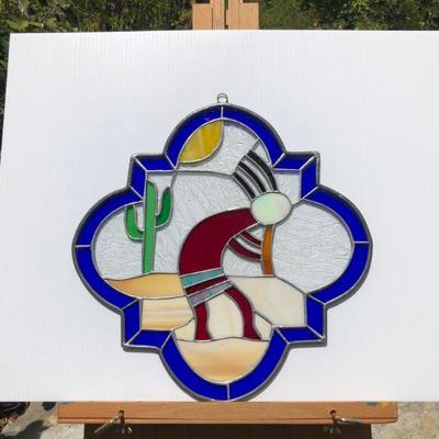 Southwest Style Kokopelli Desert Stained Glass Window with Blue Rim