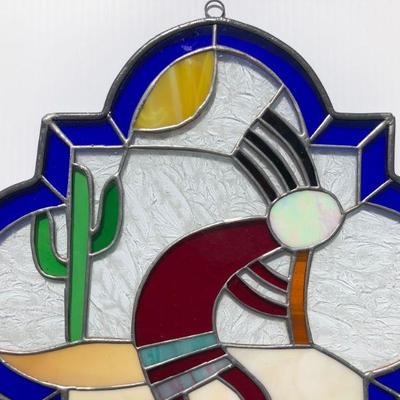 Southwest Style Kokopelli Desert Stained Glass Window with Blue Rim