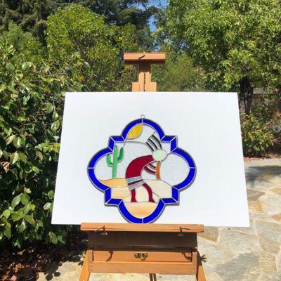 Southwest Style Kokopelli Desert Stained Glass Window with Blue Rim