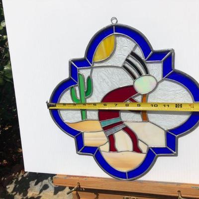 Southwest Style Kokopelli Desert Stained Glass Window with Blue Rim
