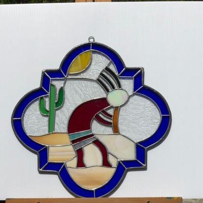 Southwest Style Kokopelli Desert Stained Glass Window with Blue Rim