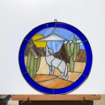 Pair 2 Southwest Style Wolf or Coyote Howling Stained Glass Windows