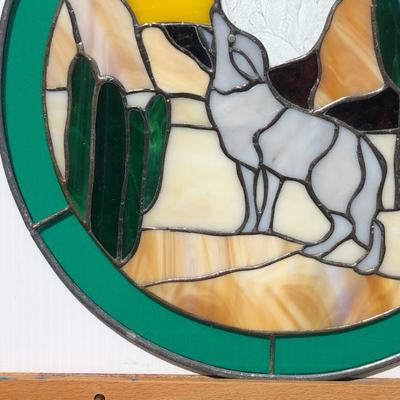 Pair 2 Southwest Style Wolf or Coyote Howling Stained Glass Windows