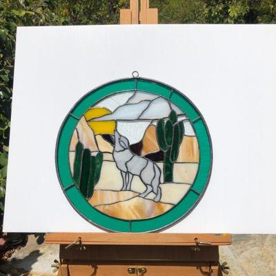 Pair 2 Southwest Style Wolf or Coyote Howling Stained Glass Windows