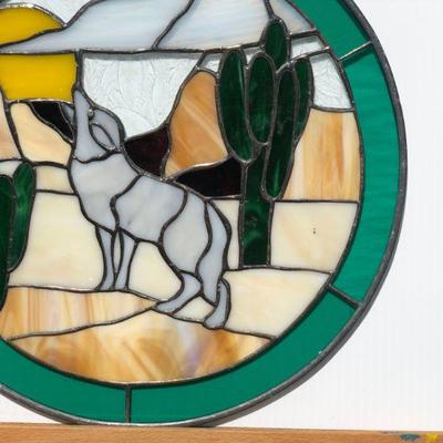 Pair 2 Southwest Style Wolf or Coyote Howling Stained Glass Windows