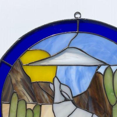 Pair 2 Southwest Style Wolf or Coyote Howling Stained Glass Windows