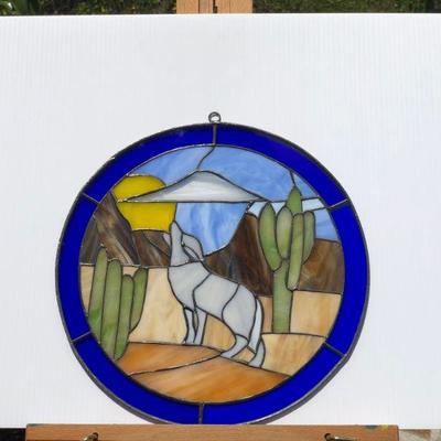 Pair 2 Southwest Style Wolf or Coyote Howling Stained Glass Windows