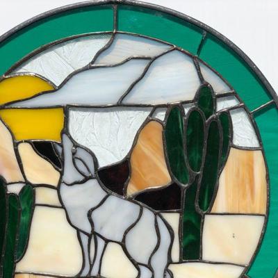 Pair 2 Southwest Style Wolf or Coyote Howling Stained Glass Windows