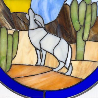 Pair 2 Southwest Style Wolf or Coyote Howling Stained Glass Windows