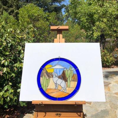 Pair 2 Southwest Style Wolf or Coyote Howling Stained Glass Windows