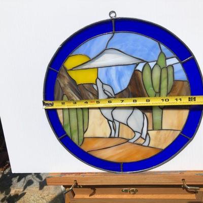 Pair 2 Southwest Style Wolf or Coyote Howling Stained Glass Windows