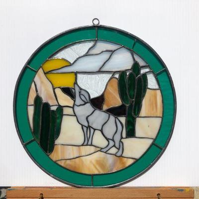Pair 2 Southwest Style Wolf or Coyote Howling Stained Glass Windows