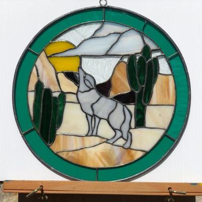 Pair 2 Southwest Style Wolf or Coyote Howling Stained Glass Windows