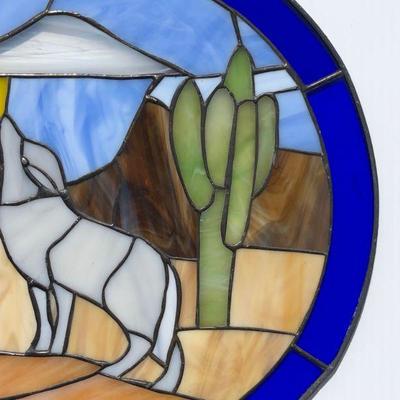 Pair 2 Southwest Style Wolf or Coyote Howling Stained Glass Windows