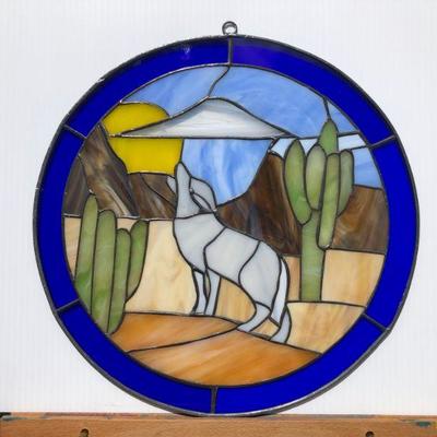 Pair 2 Southwest Style Wolf or Coyote Howling Stained Glass Windows